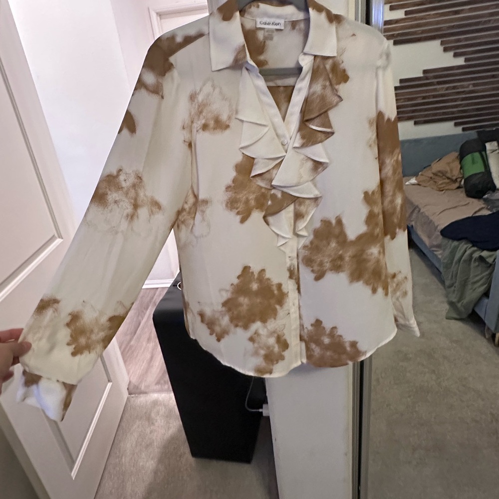 Calvin Klein Women's White and Brown Ruffle Blouse